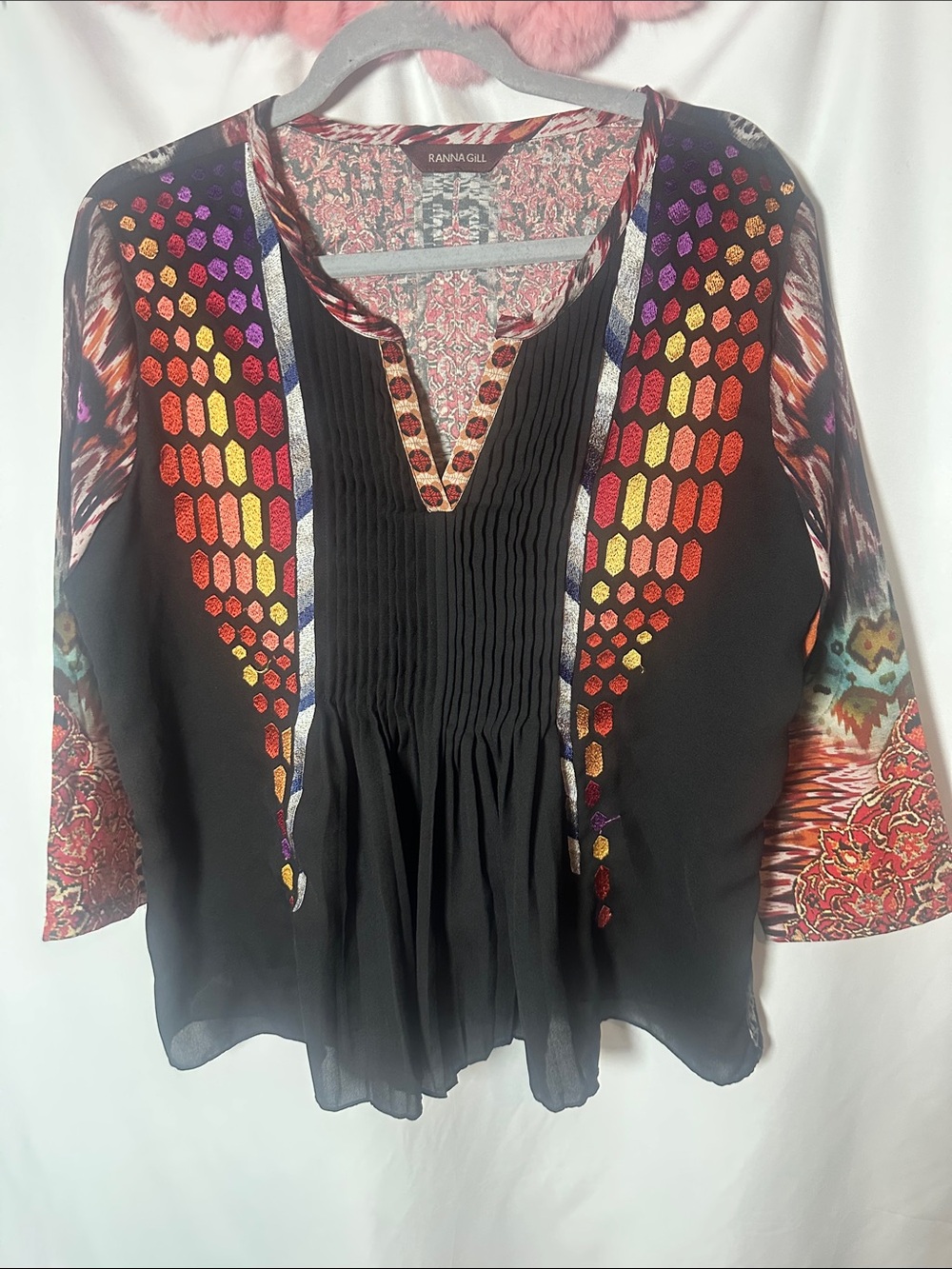Ranna Gill Black Pintuck Tunic with Multicolor Geometric Accents